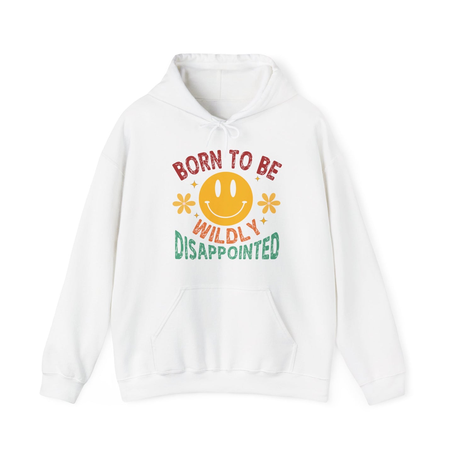 White hoodie with colorful text and smiley face design on a white background