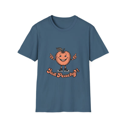 A blue men's crew neck t-shirt with the text 'Just Peachy' and an illustration of a peach with a face on it.