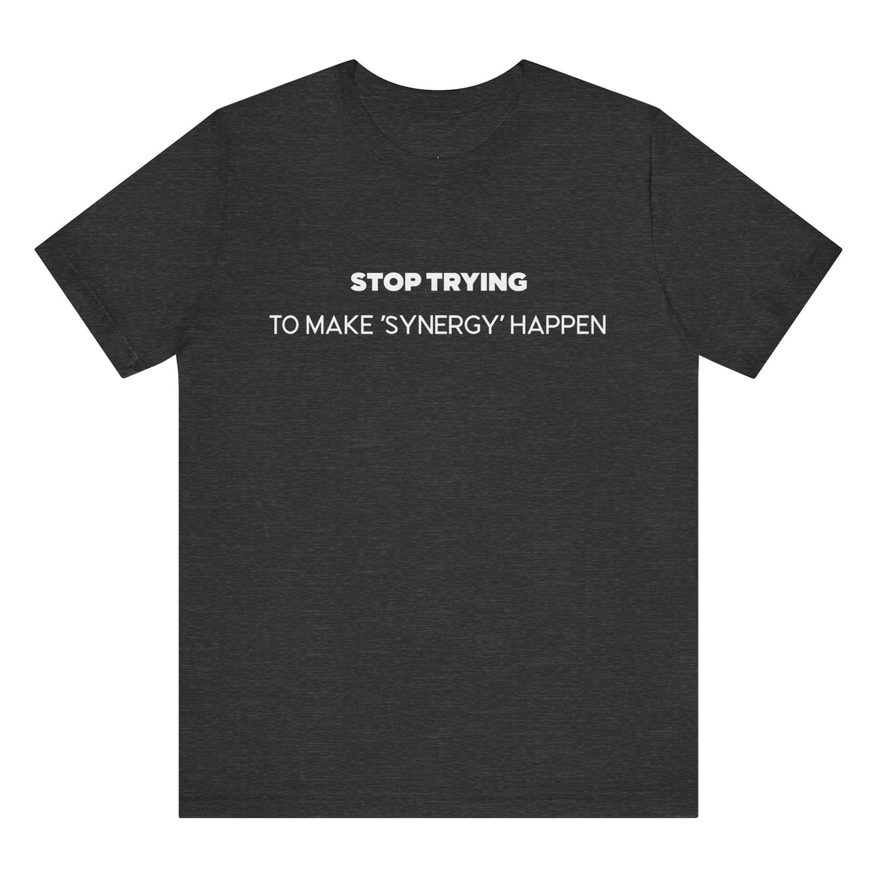 Black t-shirt with white text on a white background