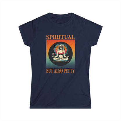 Navy blue t-shirt with 'Spiritual But Also Petty' graphic design on a white background