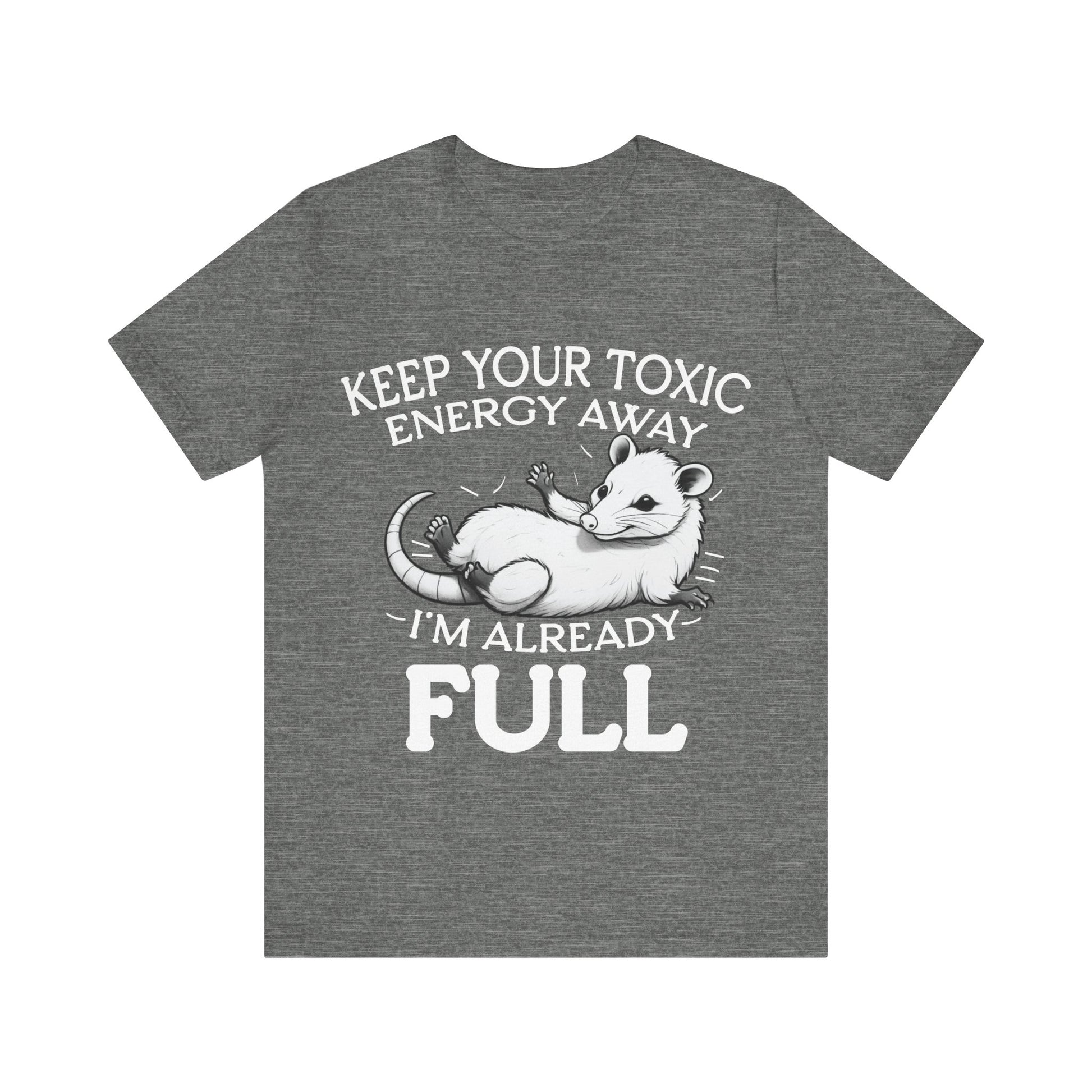 Gray t-shirt with a graphic of an opossum and text on a white background