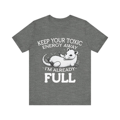 Gray t-shirt with a graphic of an opossum and text on a white background