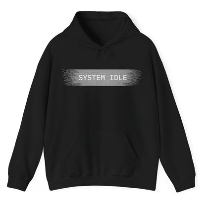 Black hoodie with 'SYSTEM IDLE' text on a white background