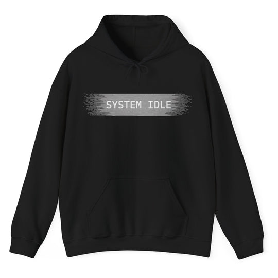 Black hoodie with 'SYSTEM IDLE' text on a white background