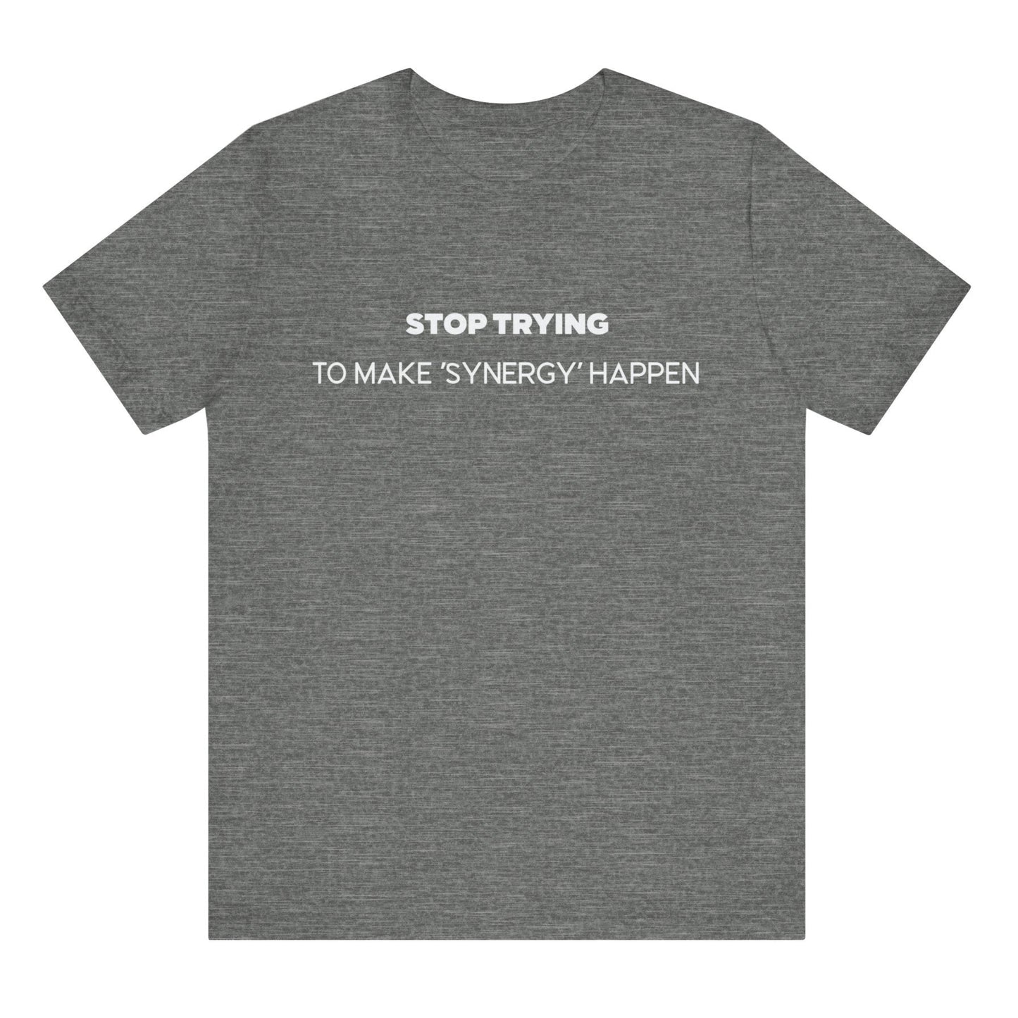 Gray t-shirt with white text on a white background