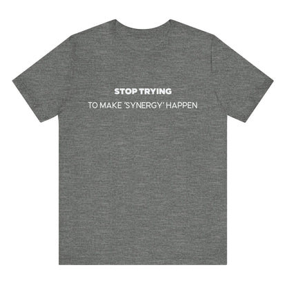 Gray t-shirt with white text on a white background