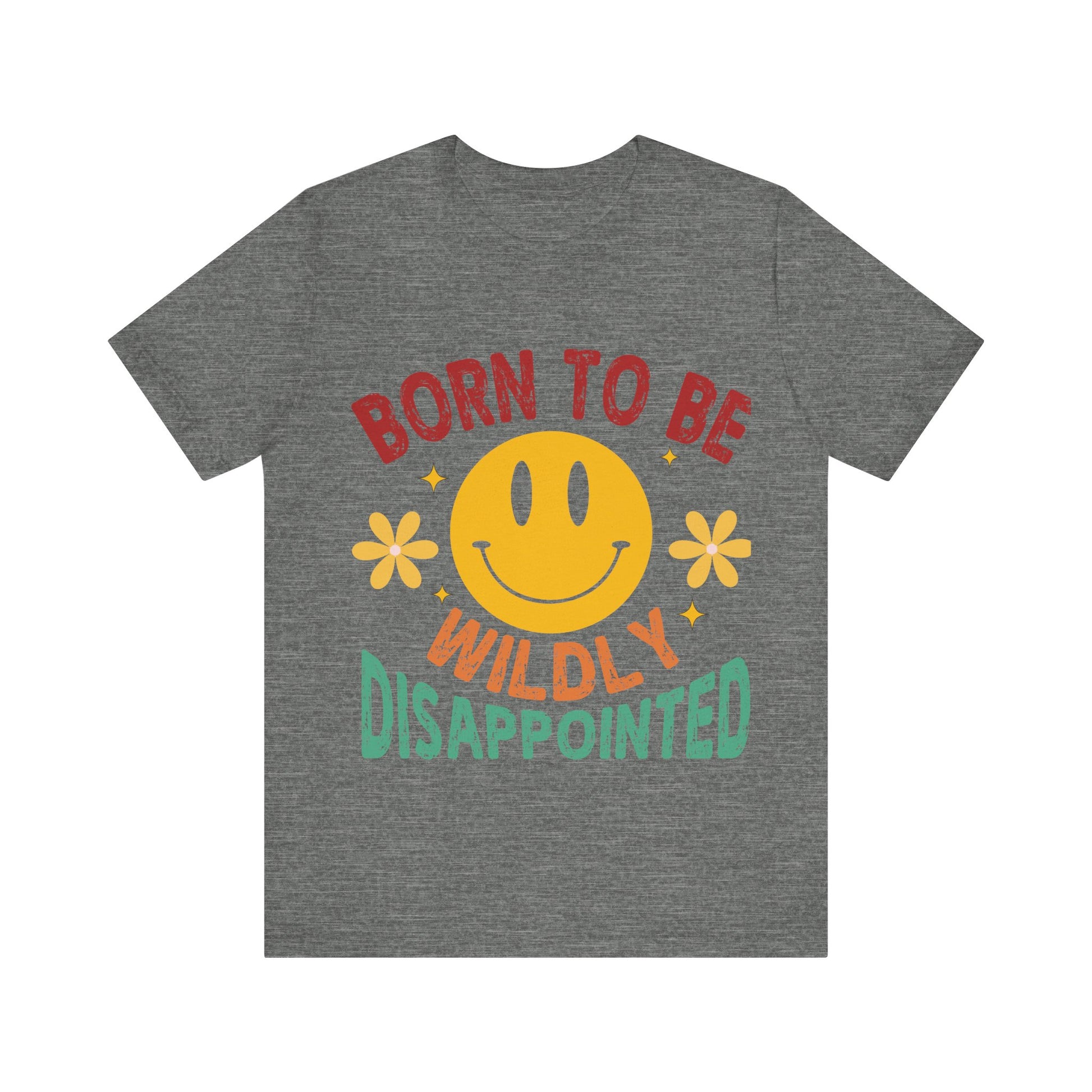 Gray t-shirt with a smiley face and text on the back against a white background