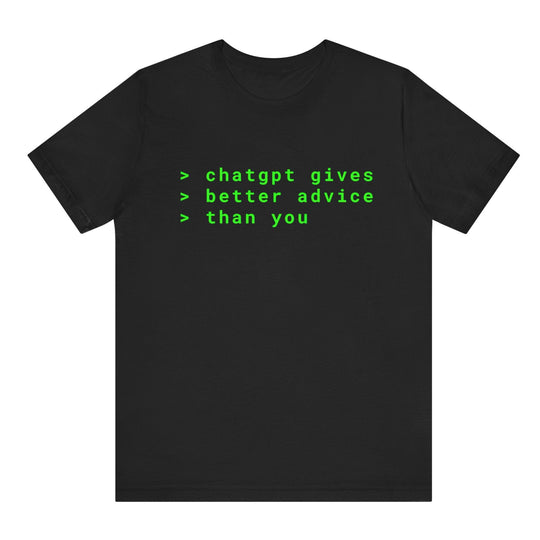 Black t-shirt with green text on a white background