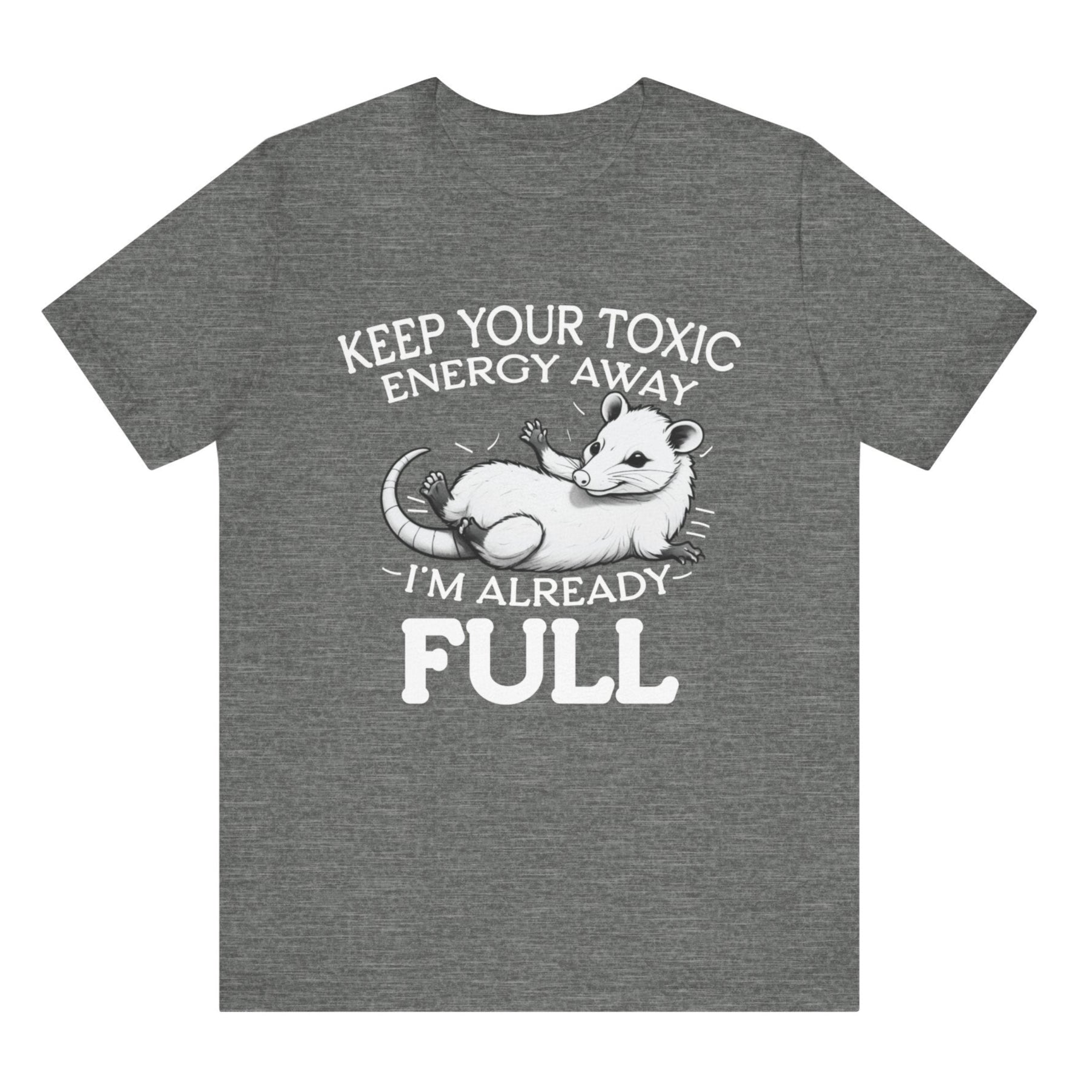 Gray t-shirt with a graphic of a opossum and text on a white background