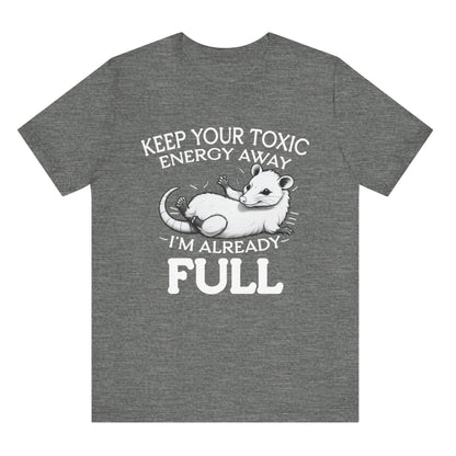 Gray t-shirt with a graphic of a opossum and text on a white background