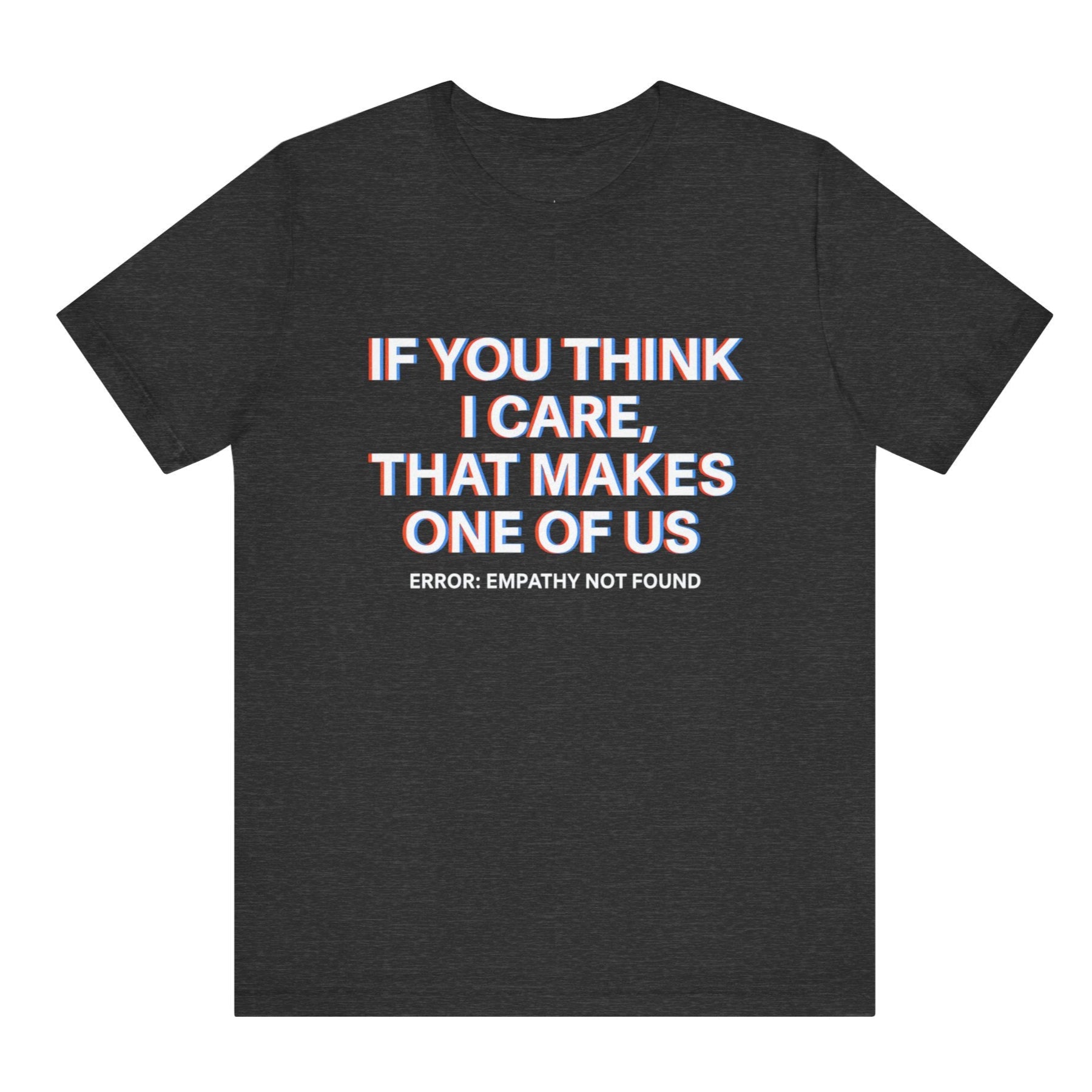 Black t-shirt with white text on a white background