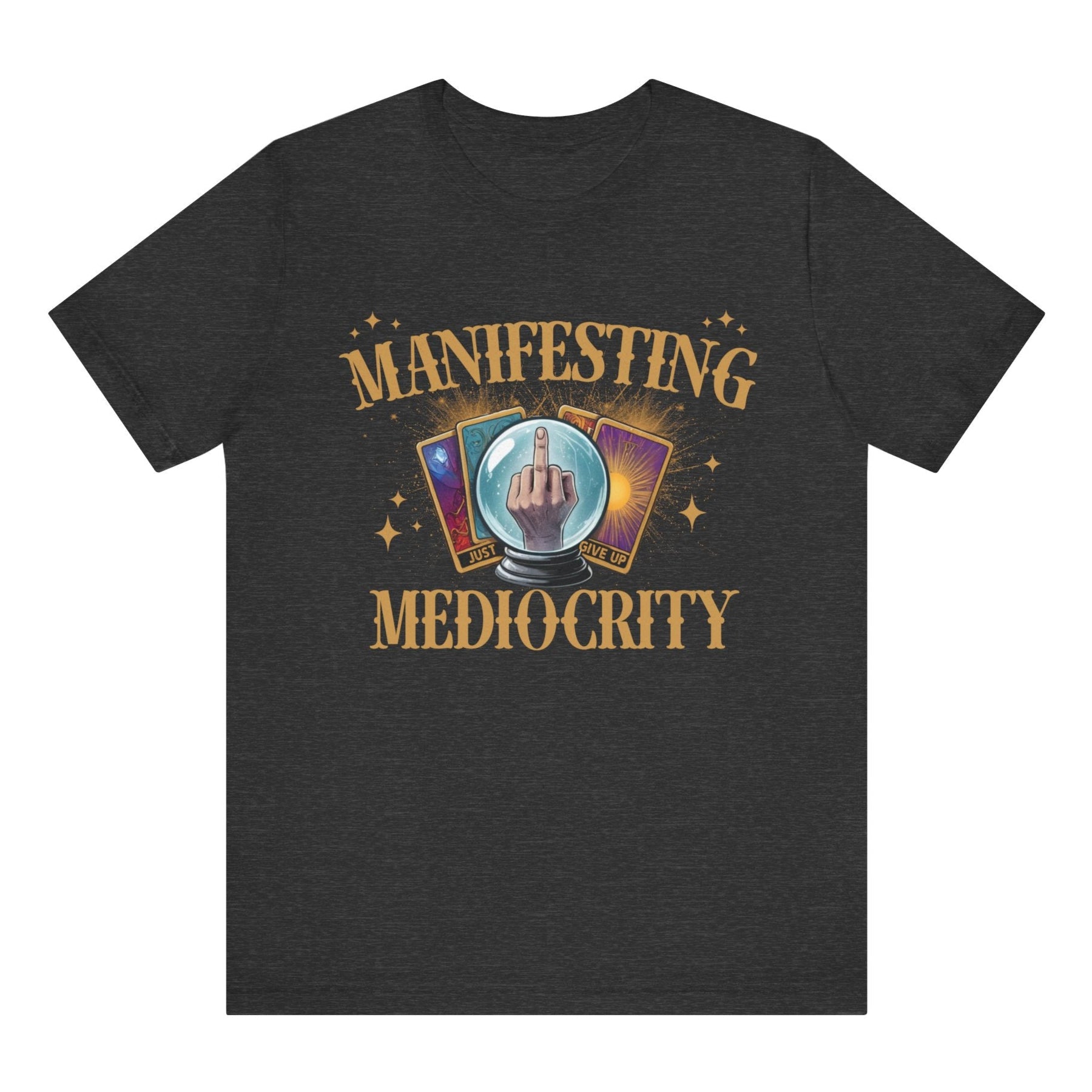 Black t-shirt with 'Manifesting Mediocrity' graphic design on a white background