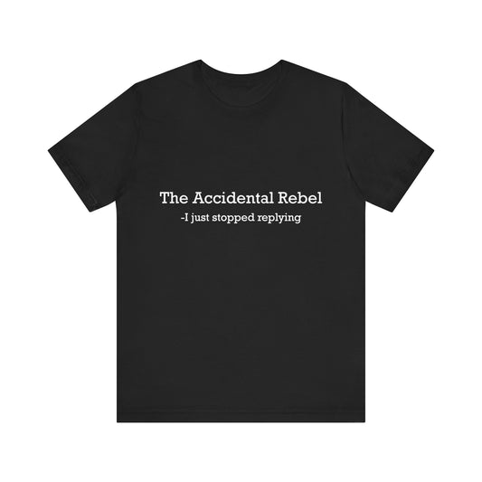 Black t-shirt with white text on a white background