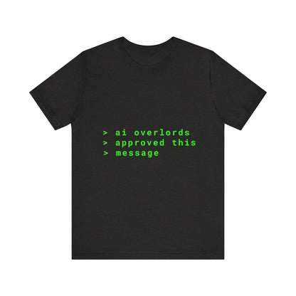 Black t-shirt with green text on a white background
