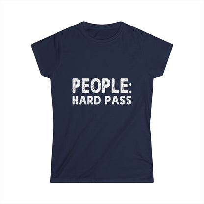 Navy blue t-shirt with 'PEOPLE: HARD PASS' text on a white background