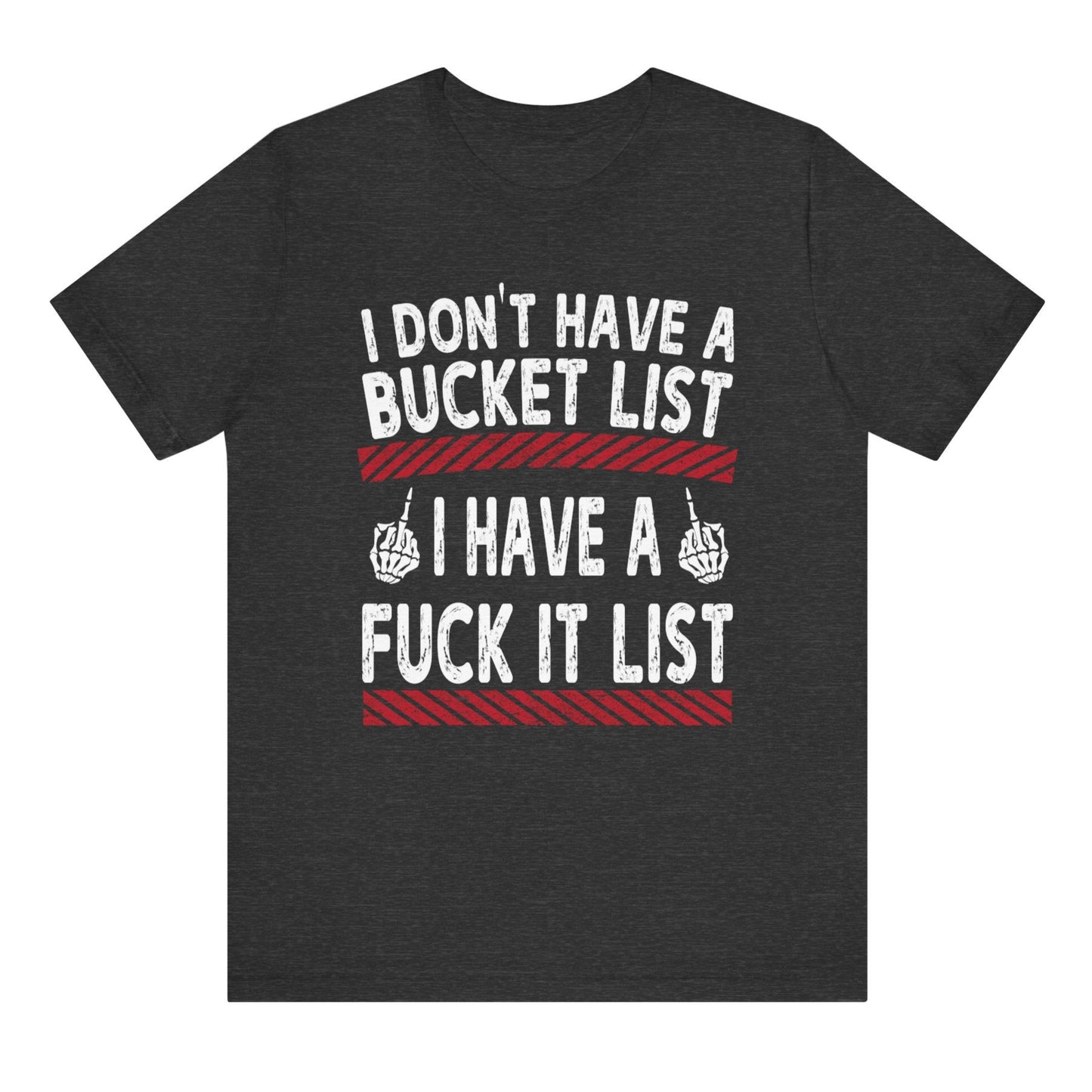 Black t-shirt with white and red text on a white background