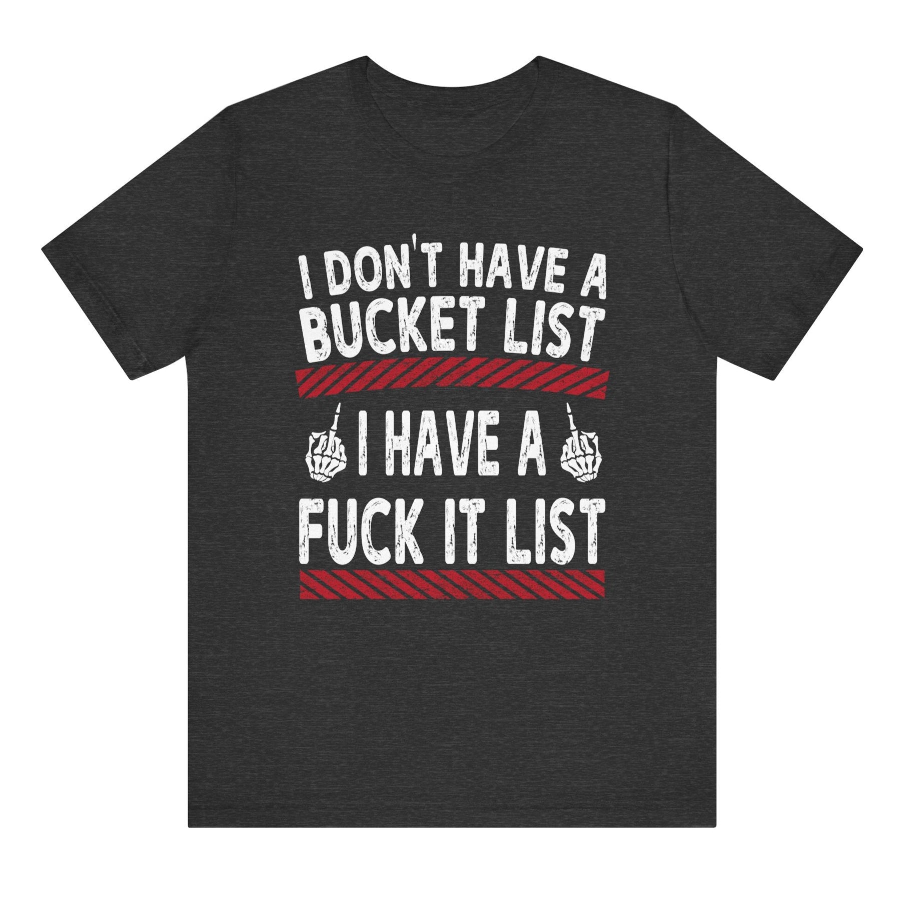 Black t-shirt with white and red text on a white background
