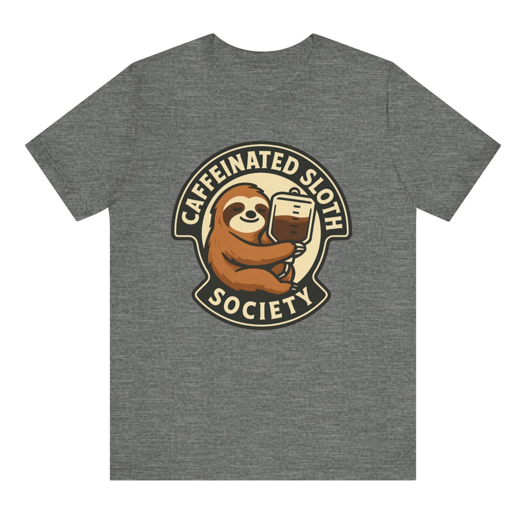 Gray t-shirt with a 'Caffeinated Sloth Society' graphic on a white background