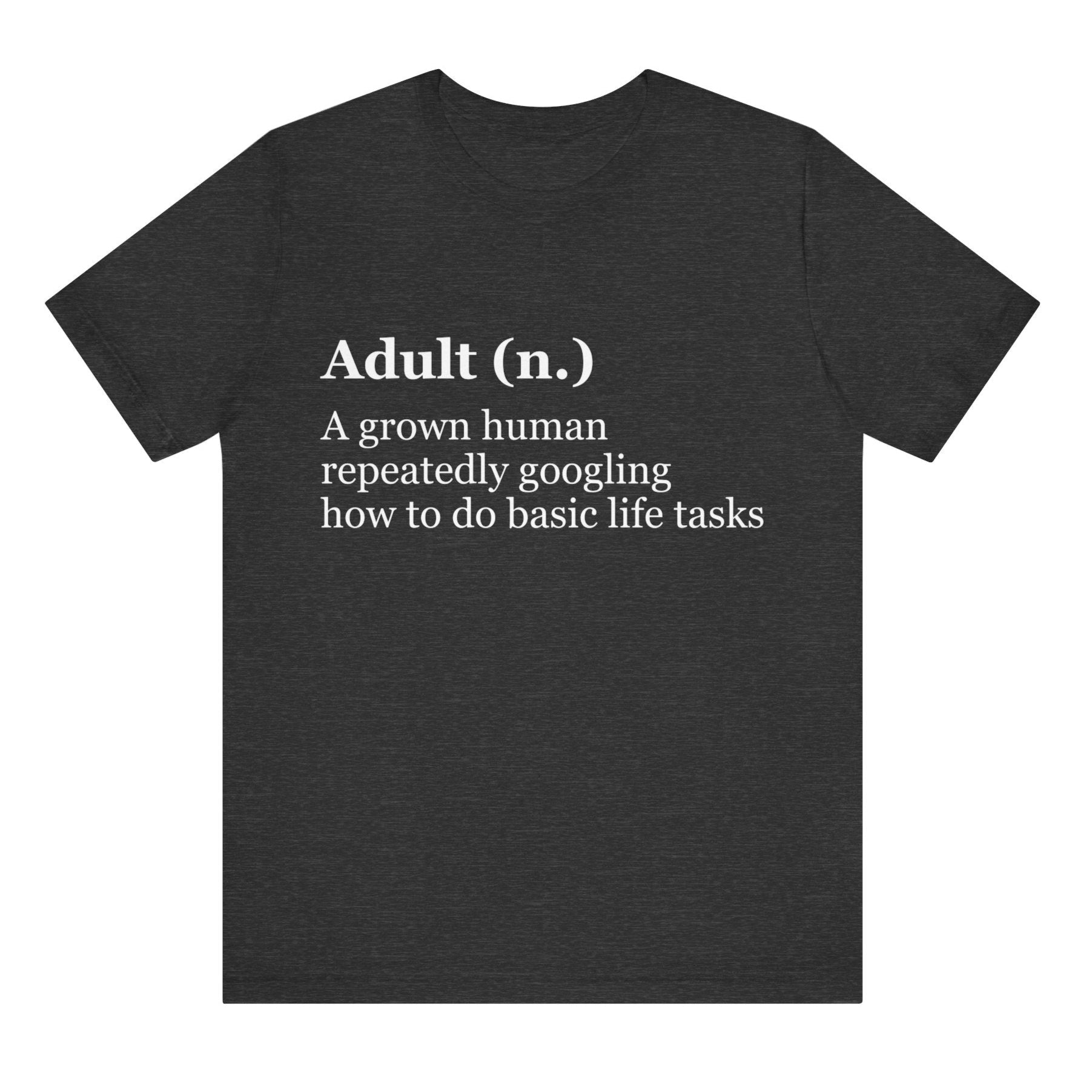 Black t-shirt with white text on a white background