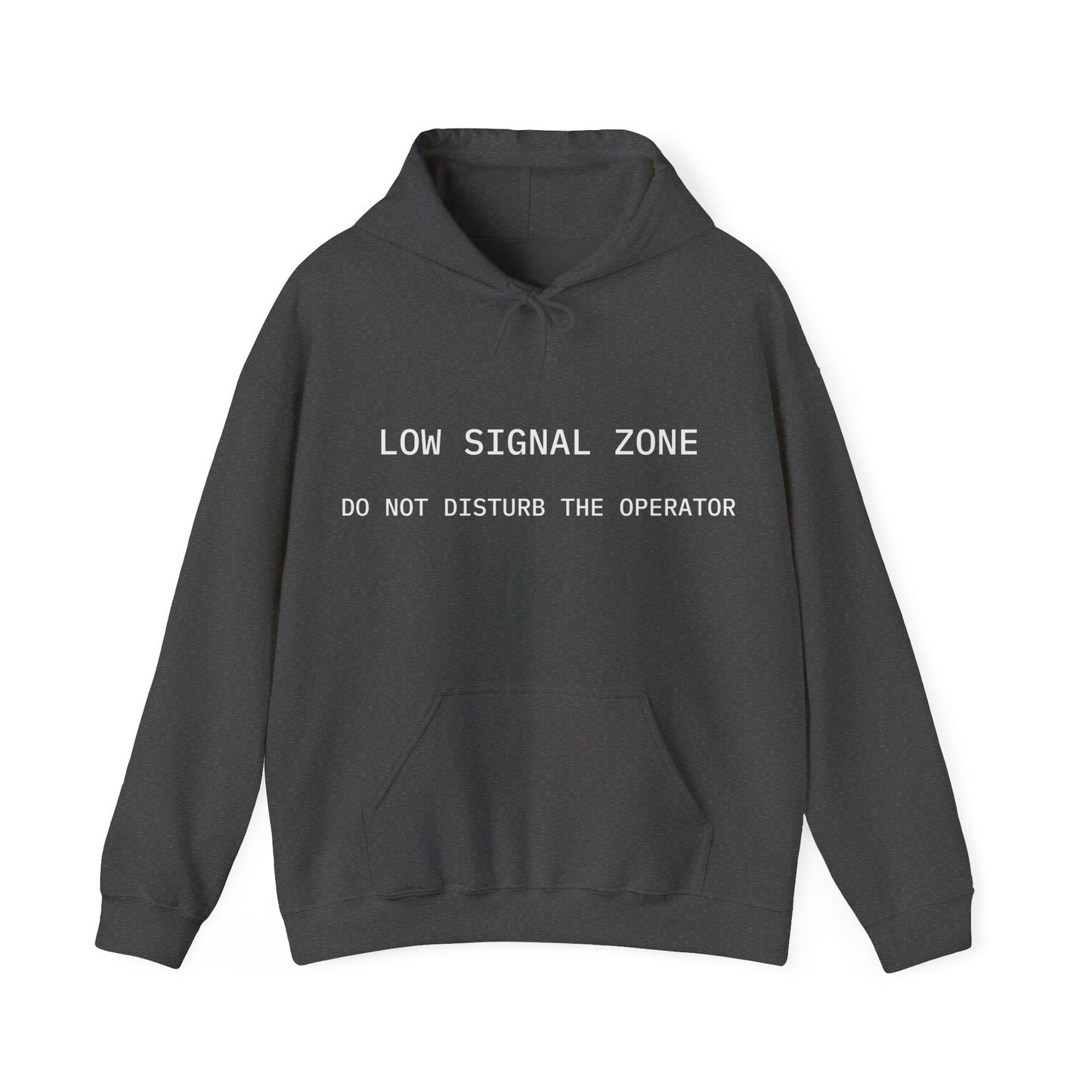 Dark gray hoodie with text on a white background