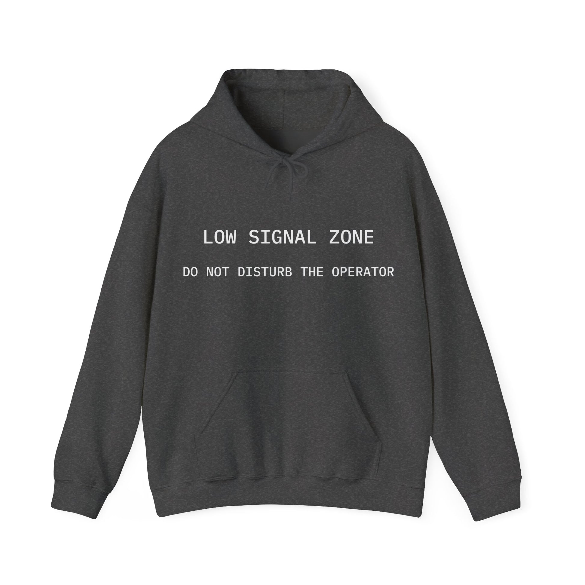Dark gray hoodie with text on a white background