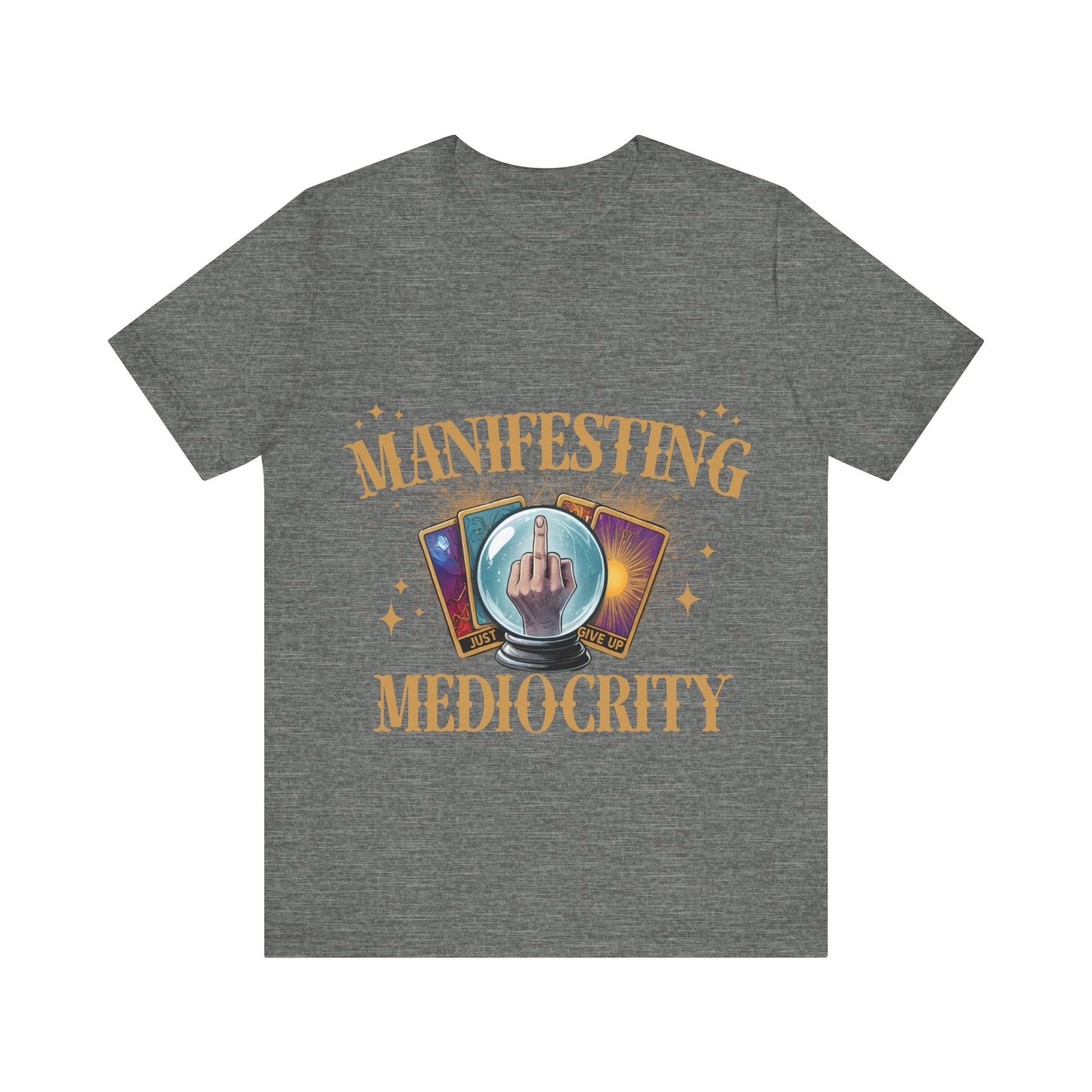 Gray t-shirt with graphic design and text on a white background