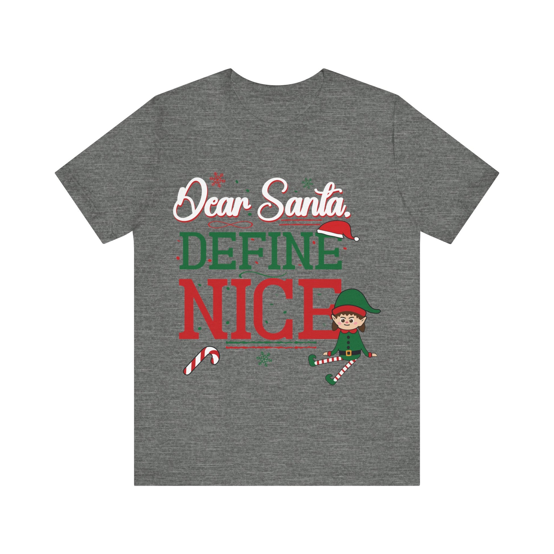 Gray t-shirt with Christmas-themed text and graphics on a white background