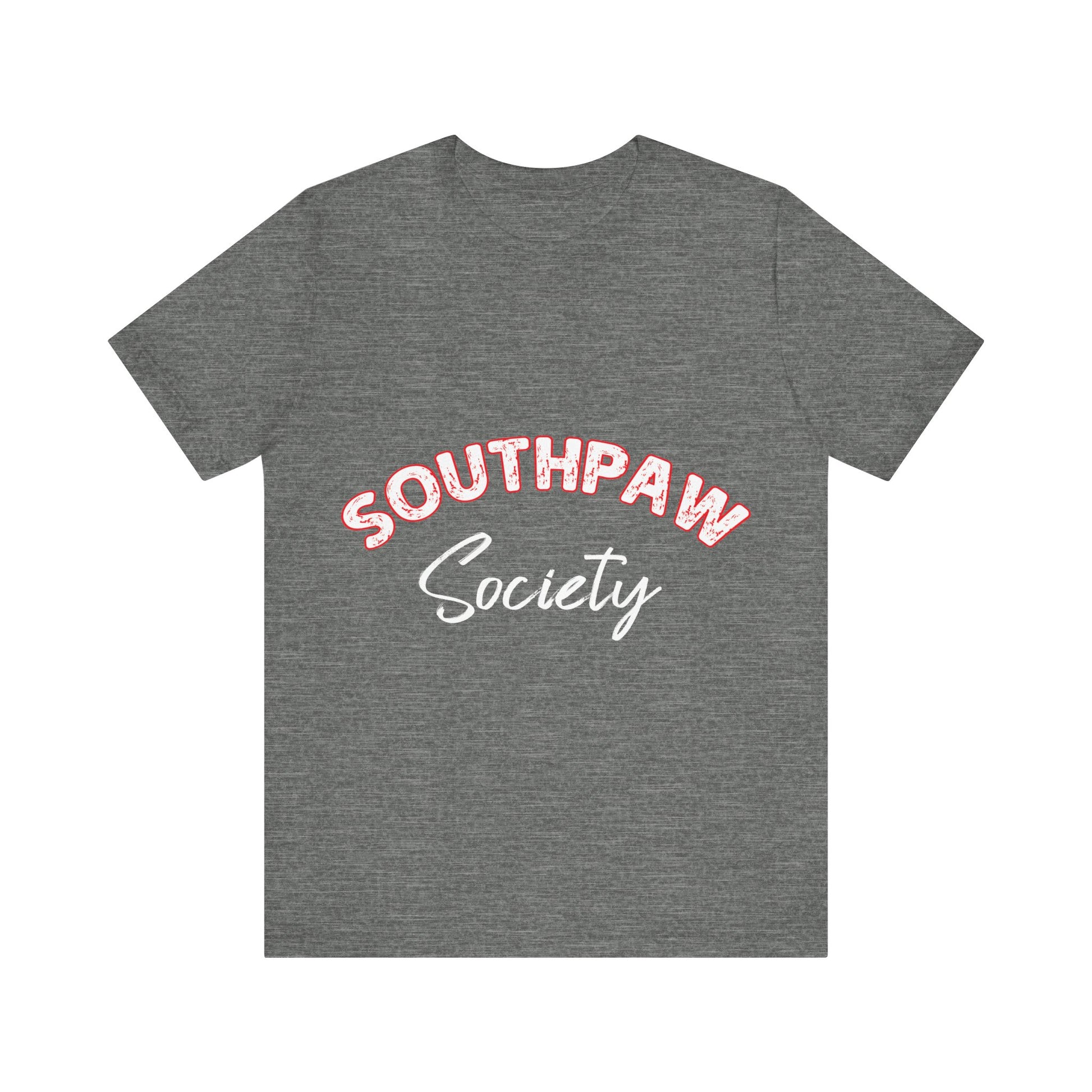 Gray t-shirt with 'Southpaw Society' text on a white background