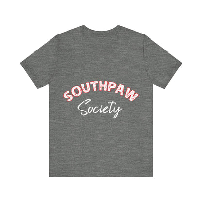 Gray t-shirt with 'Southpaw Society' text on a white background