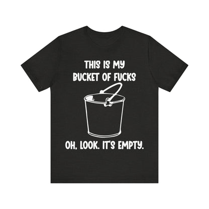 Black t-shirt with white text and graphic of a bucket on a white background