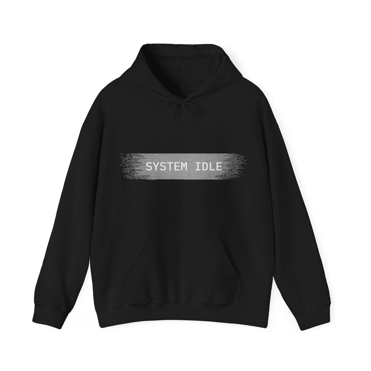 Black hoodie with 'SYSTEM IDLE' text on a white background