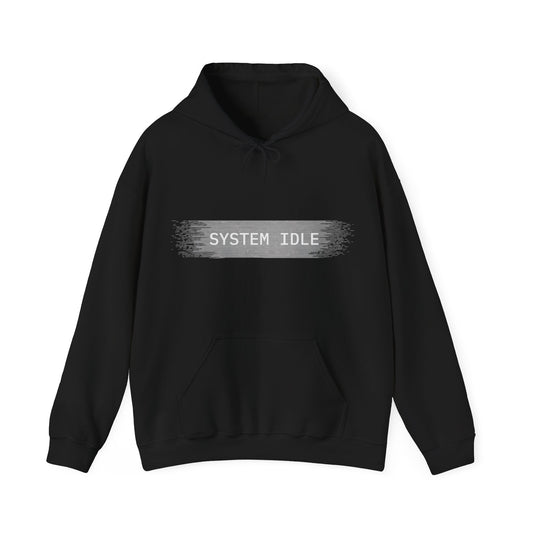 Black hoodie with 'SYSTEM IDLE' text on a white background