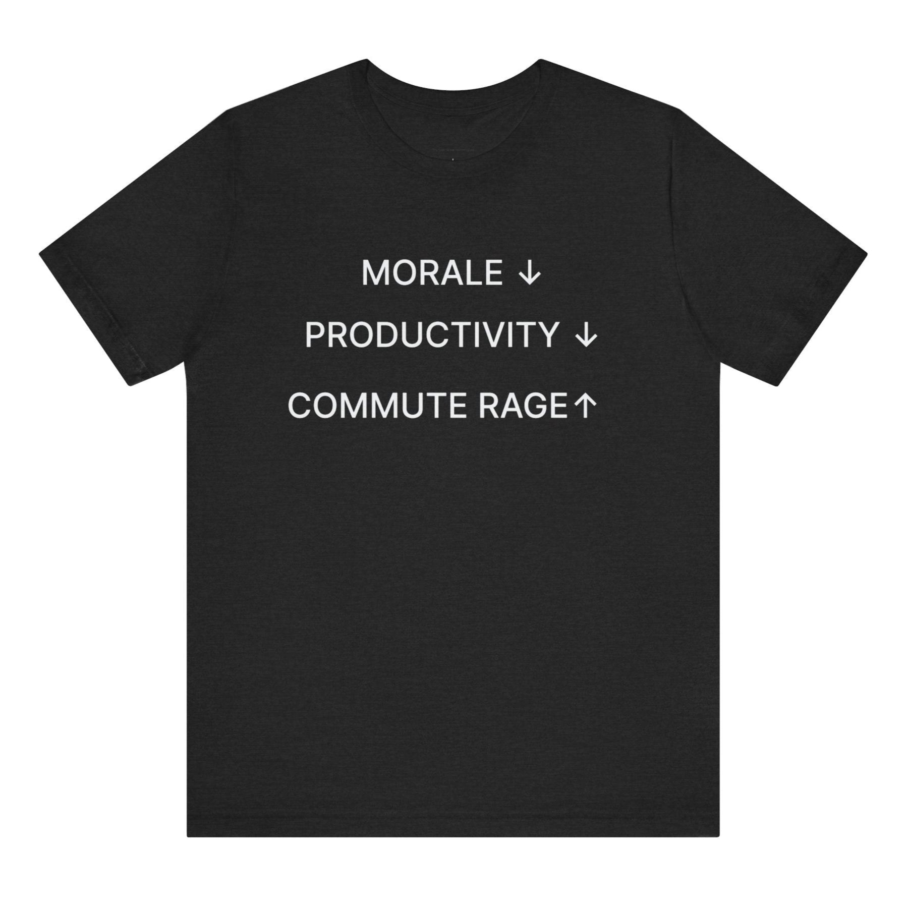 Black t-shirt with white text on a white background