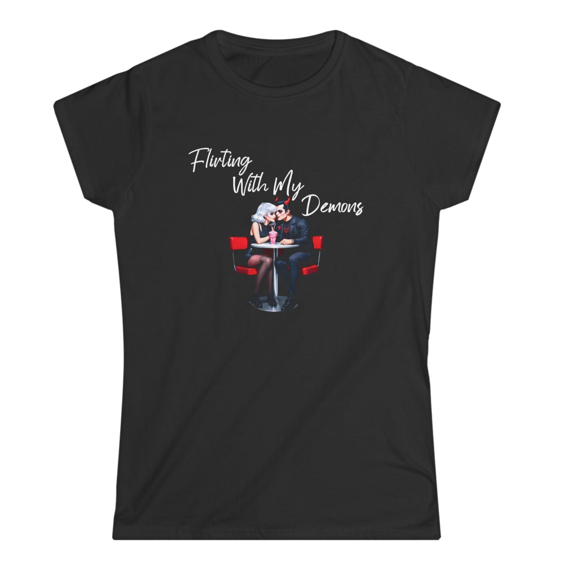 Black t-shirt with graphic design and text 'Flirting With My Demons' on a white background