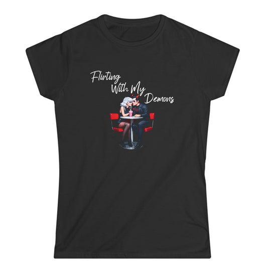 Black t-shirt with graphic design and text 'Flirting With My Demons' on a white background