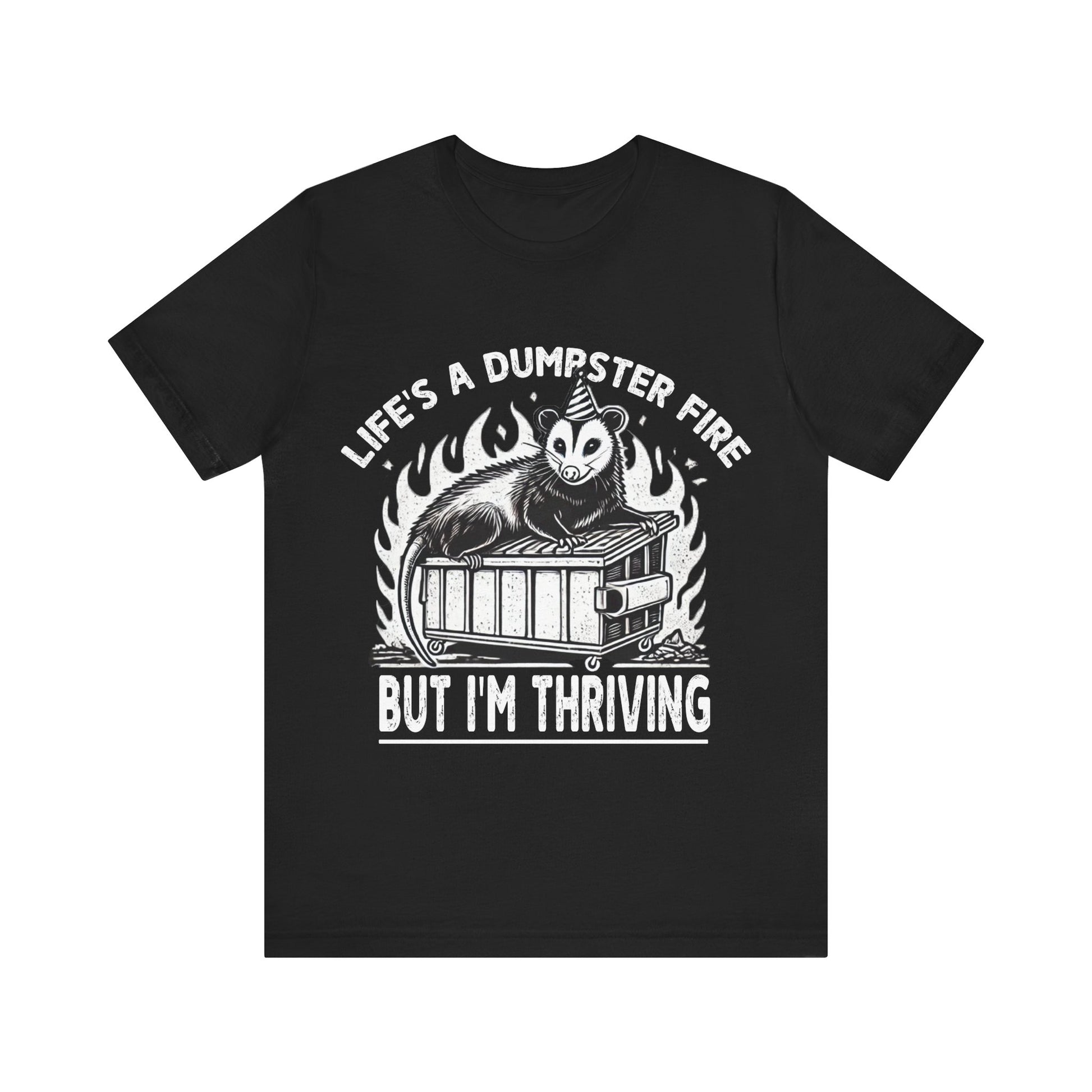 Black t-shirt with white graphic and text on a white background
