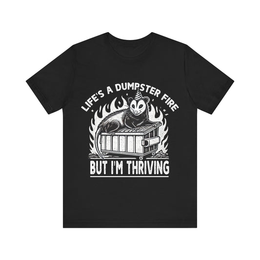 Black t-shirt with white graphic and text on a white background