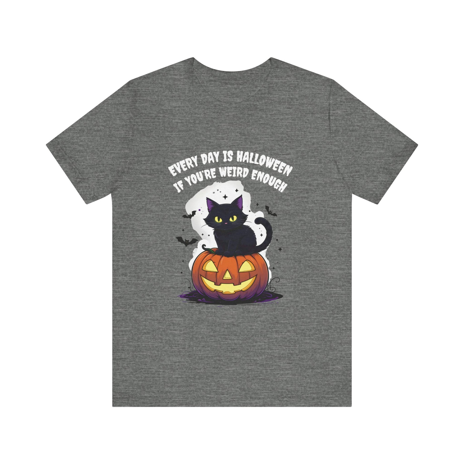 Gray t-shirt with Halloween design featuring a black cat, ghost, and pumpkin with text on a white background.