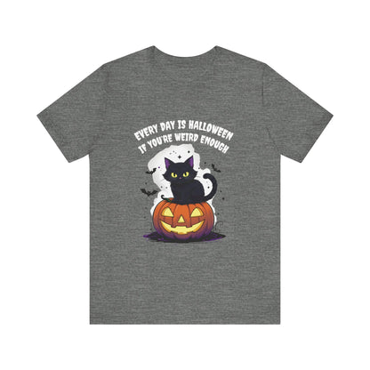 Gray t-shirt with Halloween design featuring a black cat, ghost, and pumpkin with text on a white background.