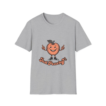 A blue men's crew neck t-shirt with the text 'Just Peachy' and an illustration of a peach with a face on it.