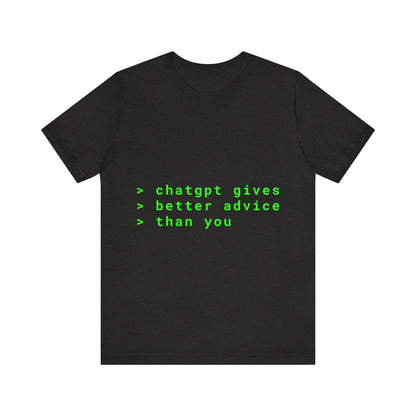 Black t-shirt with green text on a white background