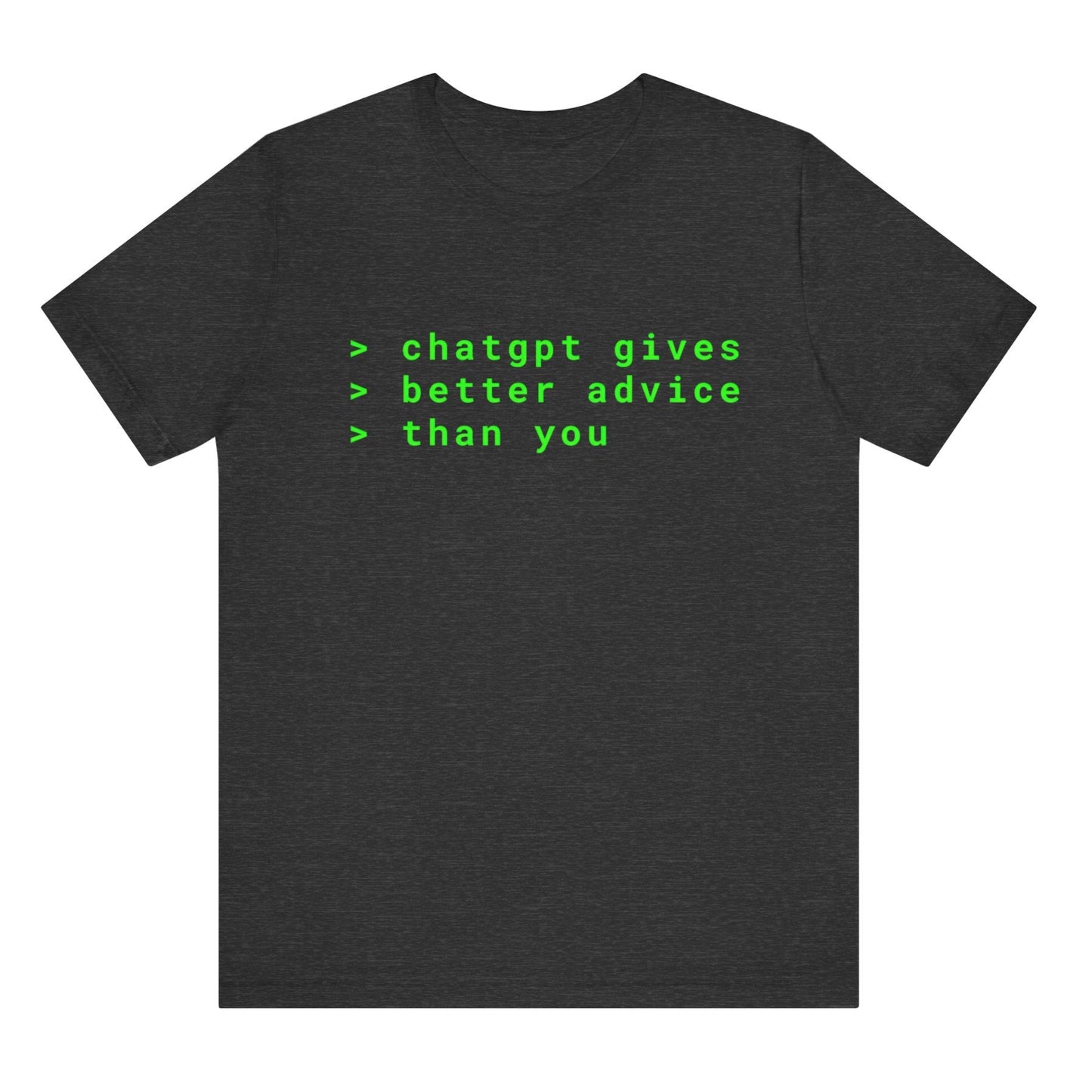 Black t-shirt with green text on a white background