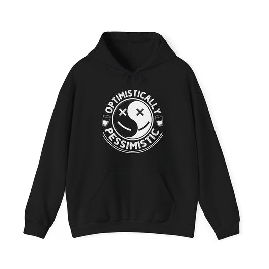 Black hoodie with white graphic and text on a white background