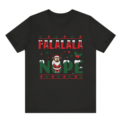 Black t-shirt with Christmas-themed text and graphics on a white background