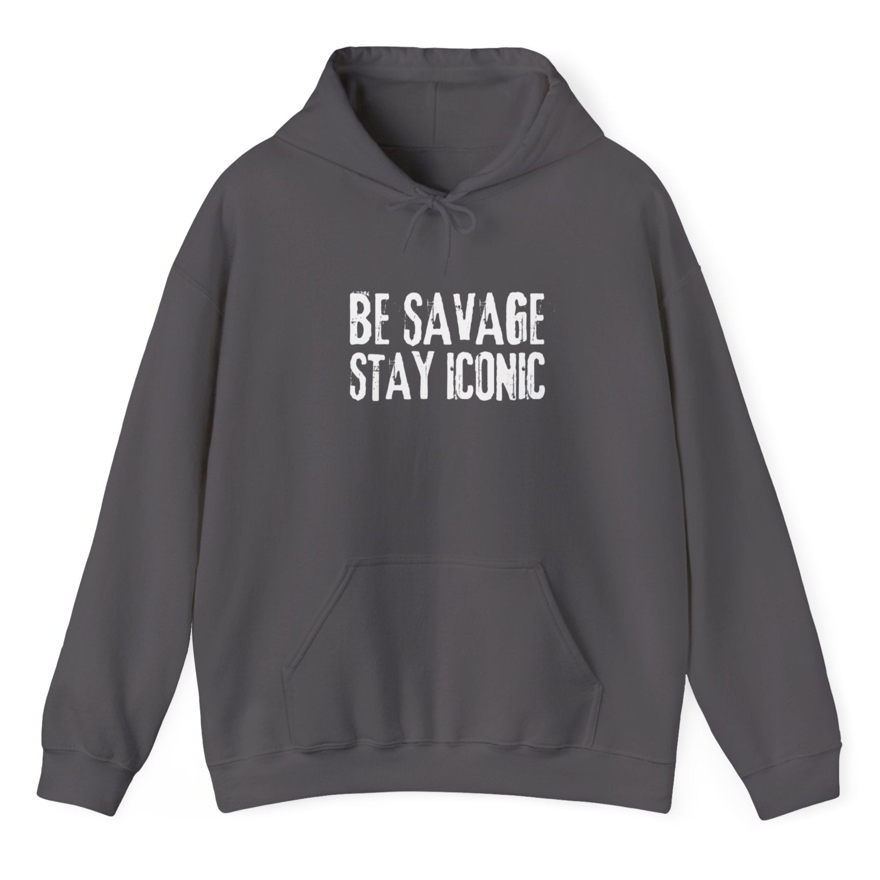 Gray hoodie with 'BE SAVAGE STAY ICONIC' text on a white background