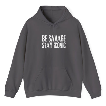 Gray hoodie with 'BE SAVAGE STAY ICONIC' text on a white background