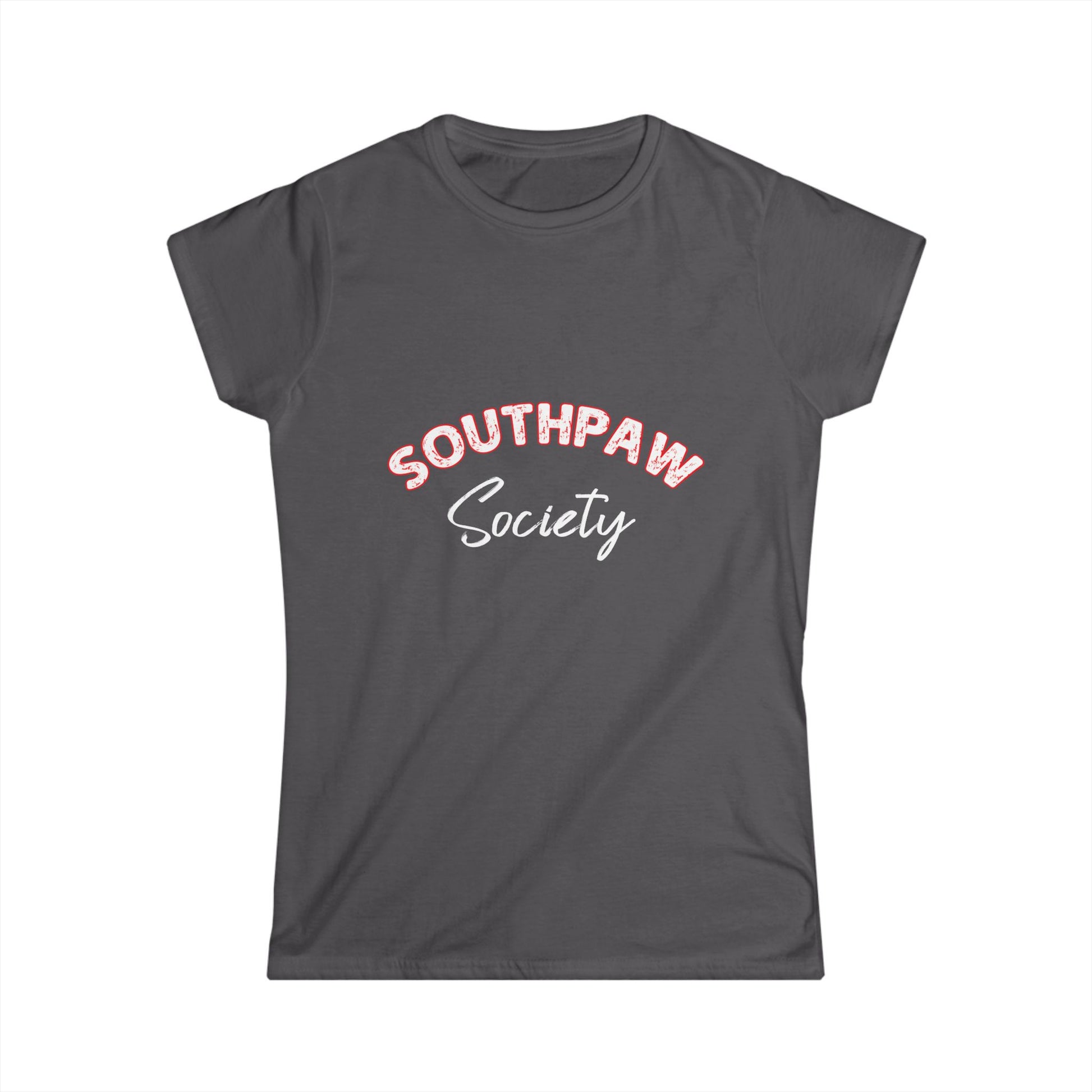 Dark gray t-shirt with 'Southpaw Society' text on a white background