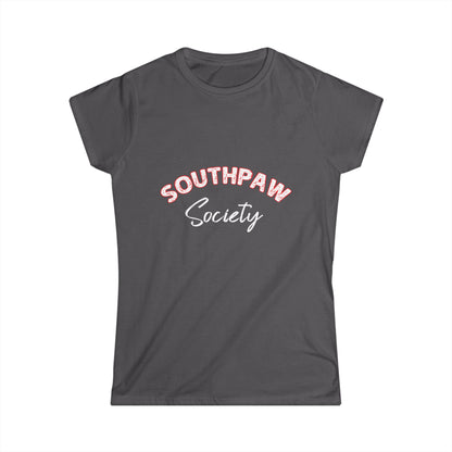 Dark gray t-shirt with 'Southpaw Society' text on a white background