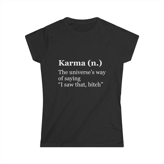 Black t-shirt with white text on a white background