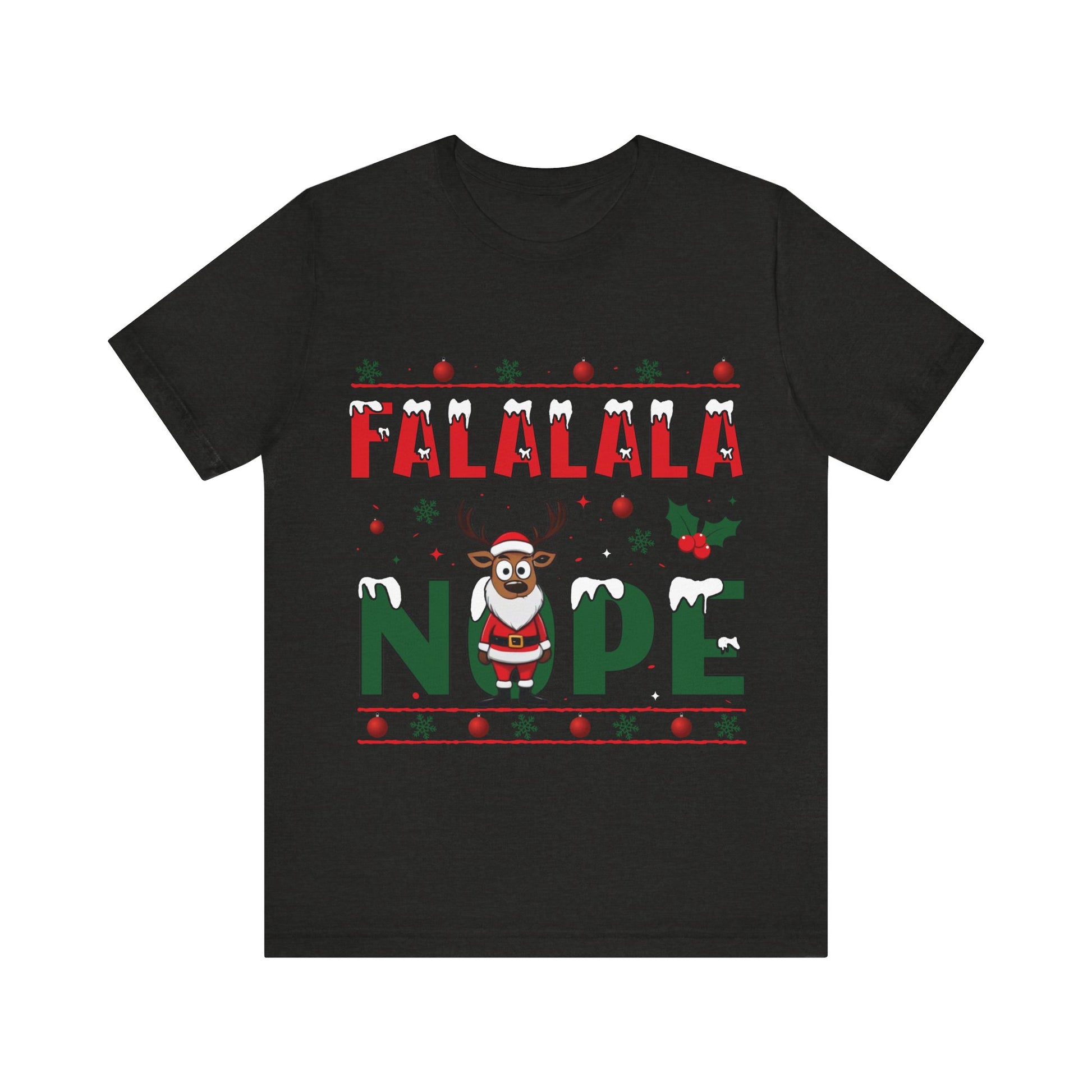 Black t-shirt with Christmas-themed design featuring a reindeer and text on a white background